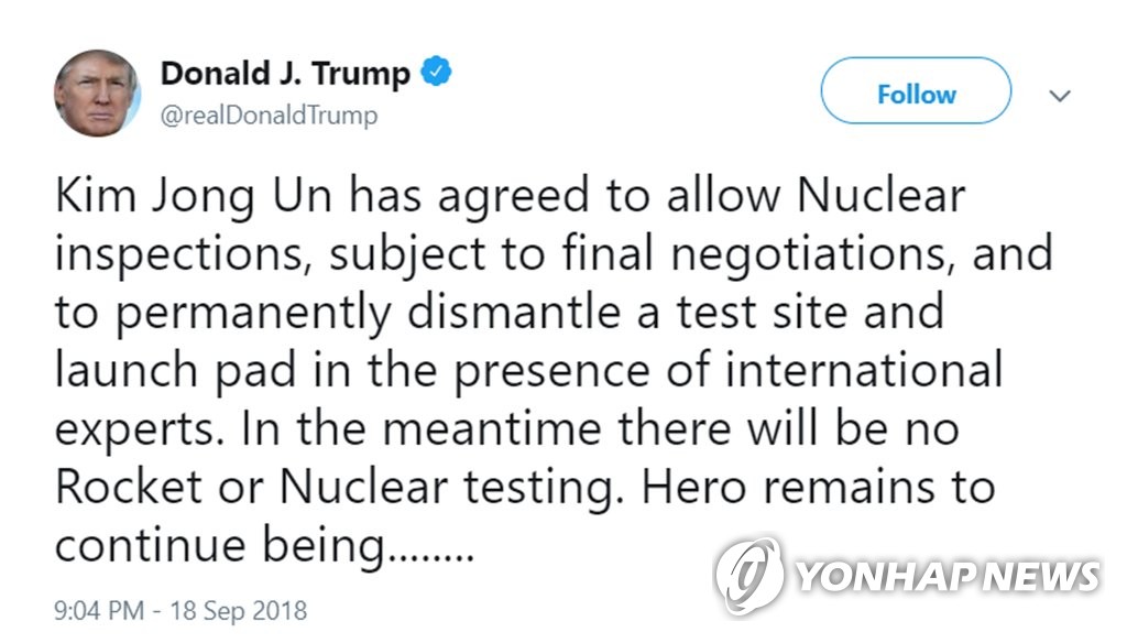 트럼프, 트위터에 "김정은, 핵사찰에 합의"