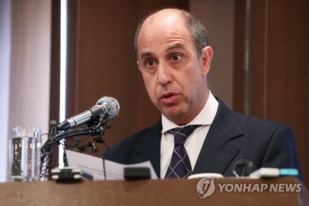 U.N. Special Rapporteur on North Korea Tomas Ojea Quintana speaks at a press conference in Seoul on Jan. 11, 2019. The envoy arrived in South Korea on Jan. 7 for a five-day stay to collect information for his spring report on the North's human rights situation. (Yonhap)