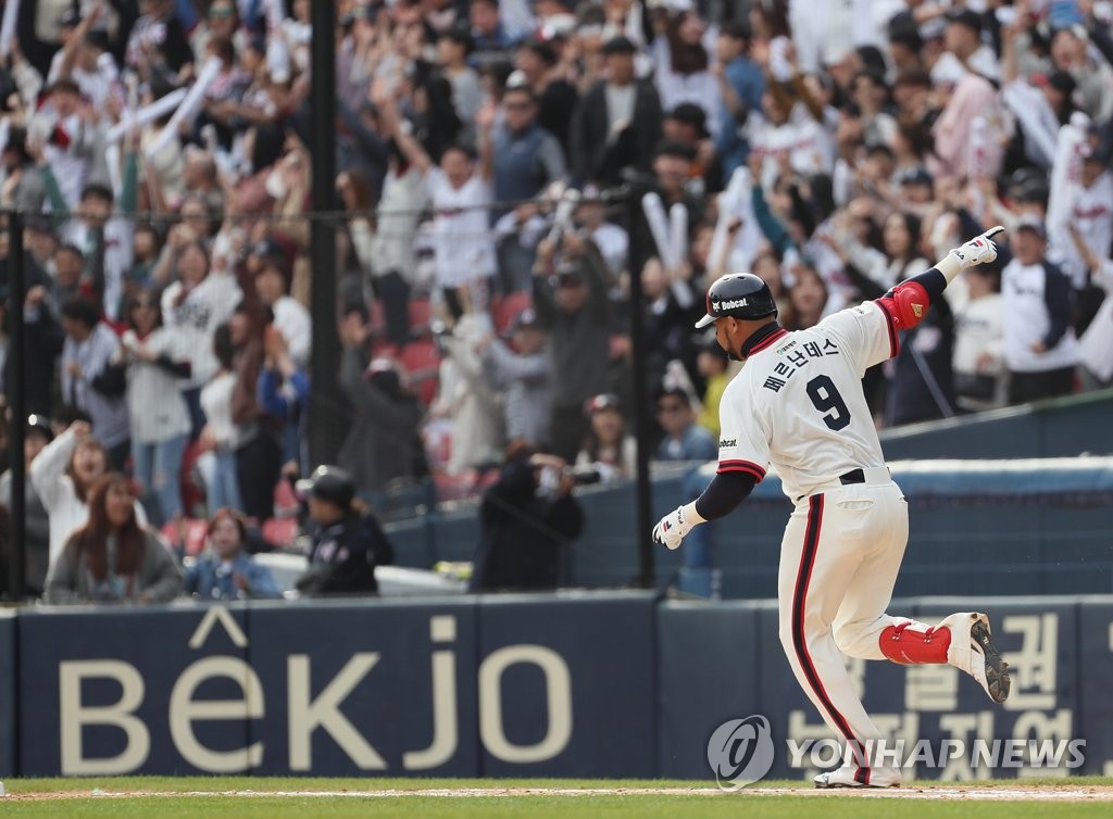 In this file photo from April 7, 2019, Jose Miguel Fernandez of the Doosan Bears rounds first base after hitting a solo home run against the NC Dinos in the bottom of the eighth inning of a Korea Baseball Organization regular season game at Jamsil Stadium in Seoul. (Yonhap)