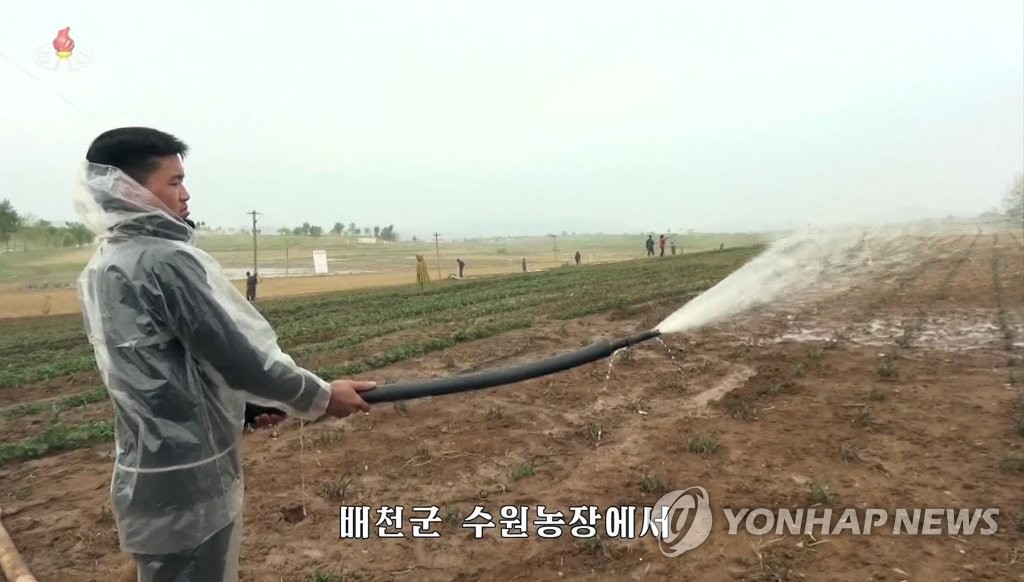 This picture captured on May 15, 2019 from North Korea's state TV shows a farmer supplying water to a farm land stricken by drought. (For Use Only in the Republic of Korea. No Redistribution) (Yonhap)