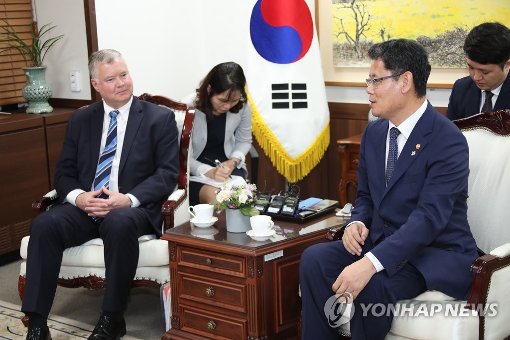 Unification Minister Kim Yeon-chul (R) and U.S. Special Representative for North Korea Stephen Biegun hold a meeting at the government complex in Seoul on June 28, 2019. (Yonhap)
