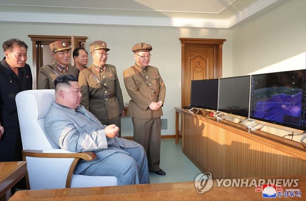 North Korean leader Kim Jong-un looks at a monitor showing a missile launch from a site near the North's eastern coastal town of Wonsan on July 25, 2019, in this photo released by the Korean Central News Agency the following day. North Korea fired two short-range missiles into the East Sea, in what it says is a power demonstration of a "new tactical guided weapon." (For Use Only in the Republic of Korea. No Redistribution) (Yonhap)