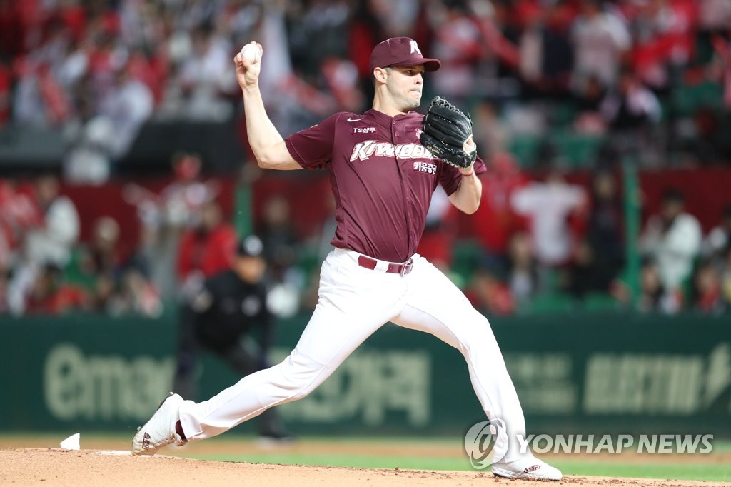 In this file photo from Oct. 14, 2019, Jake Brigham of the Kiwoom Heroes throws a pitch against the SK Wyverns in the bottom of the first inning of Game 1 of the second-round Korea Baseball Organization (KBO) playoff series at SK Happy Dream Park in Incheon, 40 kilometers west of Seoul. (Yonhap)