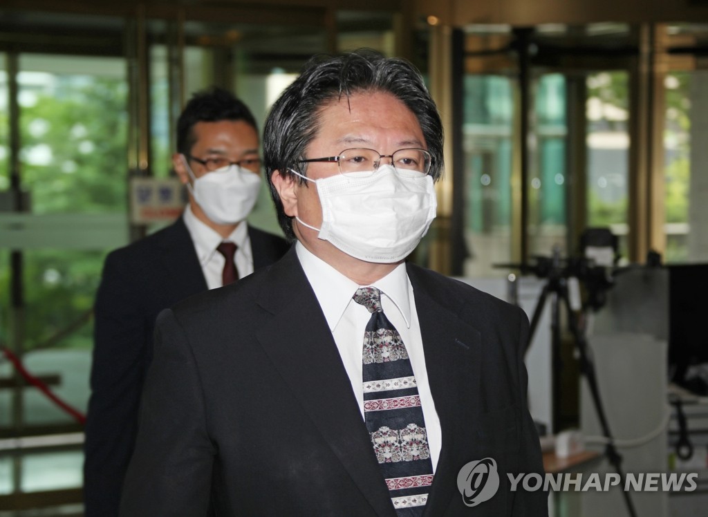 Hirohisa Soma, a senior diplomat from the Japanese Embassy in Seoul, arrives at Seoul's foreign ministry on July 14, 2020, after being called in over Japan's renewed territorial claims to South Korea's easternmost islets of Dokdo in its latest defense white paper. (Yonhap)
