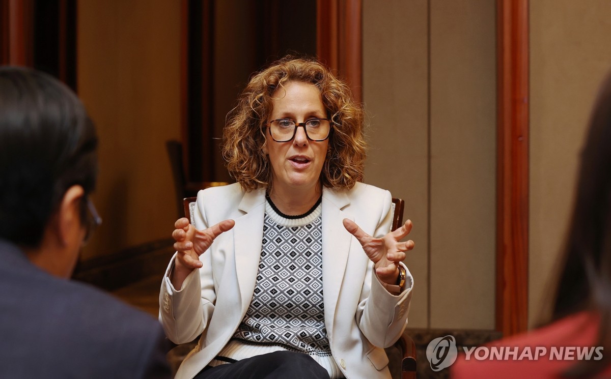 Helen Clarkson, who heads the London-based Climate Group, speaks during an interview with Yonhap News Agency in Seoul on May 21, 2024. (Yonhap)