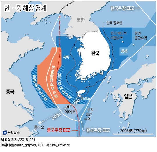 ２０１５年に韓国と中国がそれぞれ主張した黄海の境界線。白線は韓国、赤い点線は中国が主張するＥＥＺの境界線＝（聯合ニュース）