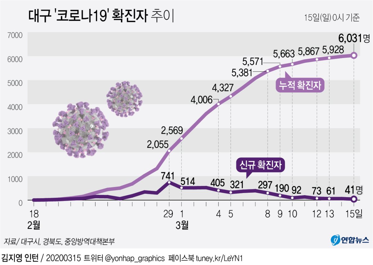 [그래픽] 대구 '코로나19' 확진자 추이