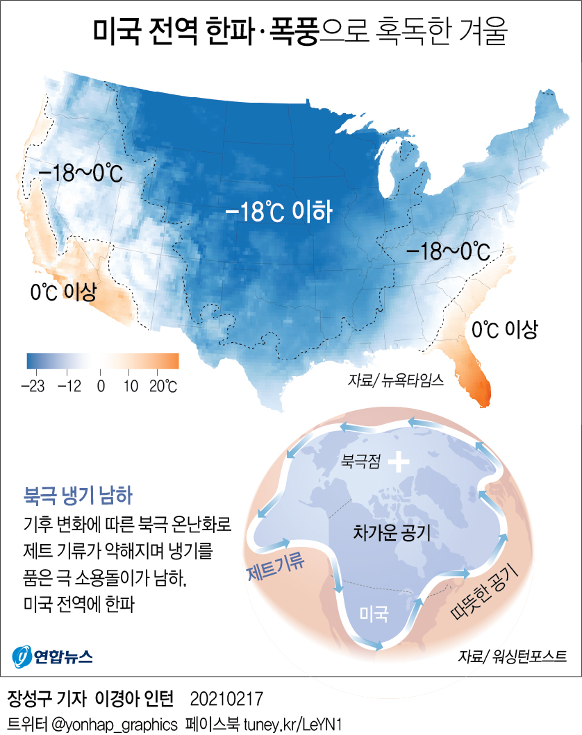 [그래픽] 미국 전역 한파ㆍ폭풍으로 혹독한 겨울