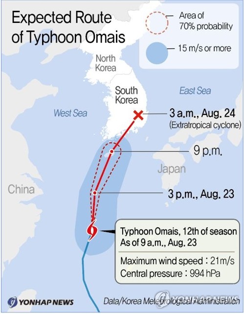 (2nd LD) Downpours, strong winds forecast for Jeju, southern coastal areas, as typhoon expected to make landfall - 2