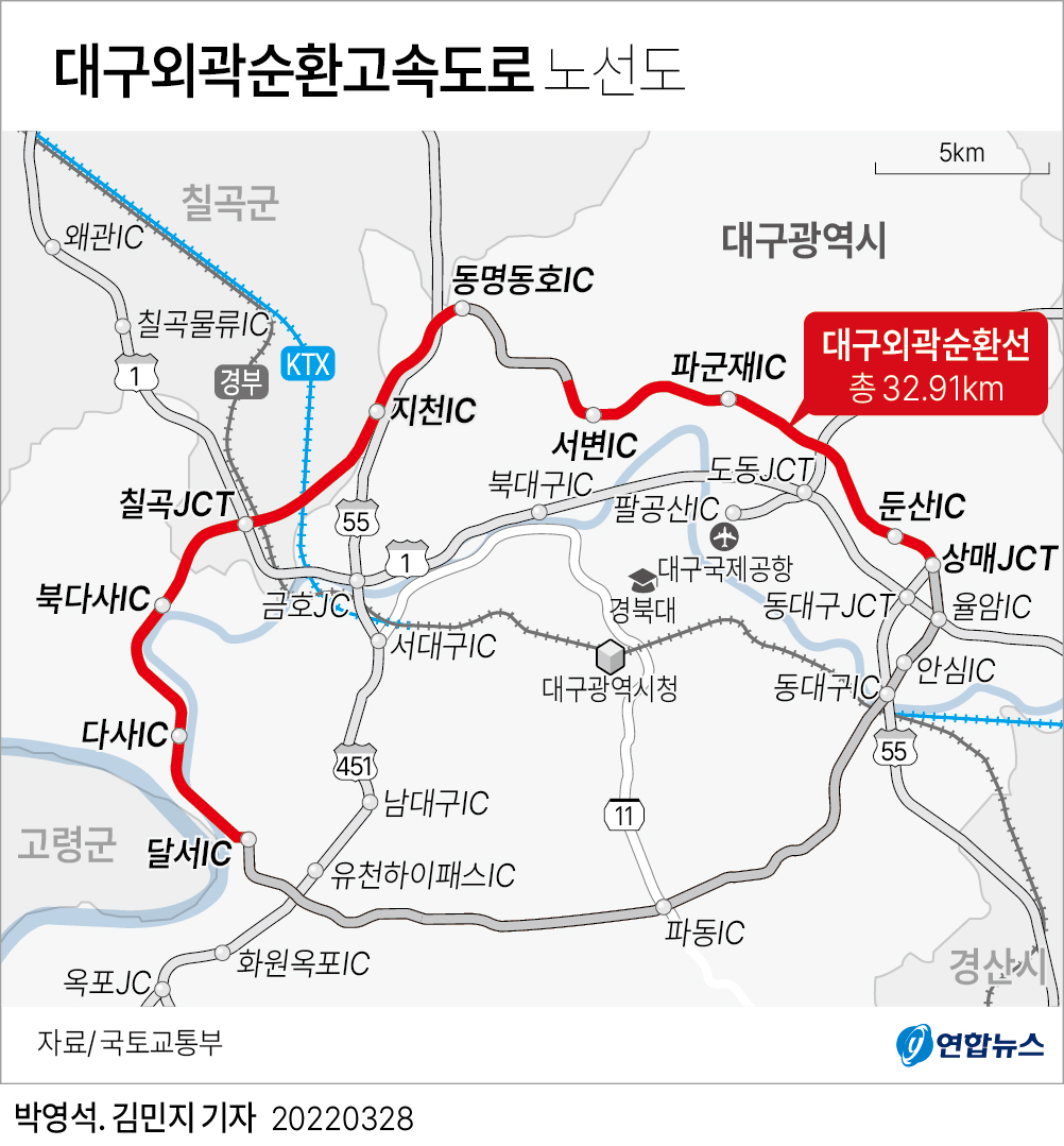 [그래픽] 대구외곽순환고속도로 노선도 | 연합뉴스