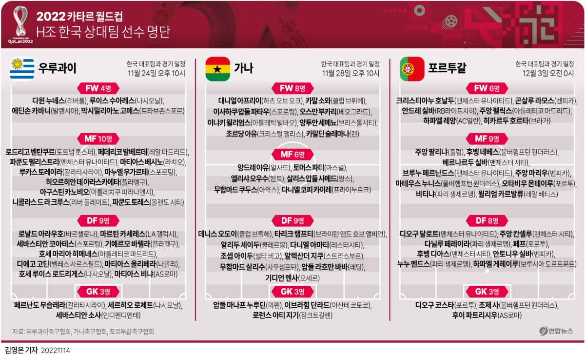 [그래픽] 2022 카타르 월드컵 H조 한국 상대팀 선수 명단
