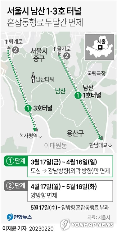 [그래픽] 서울시 남산 1·3호 터널 혼잡통행료 두달간 면제