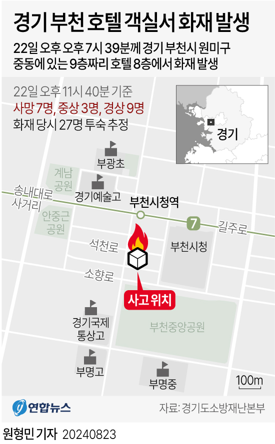 [그래픽] 경기 부천 호텔 객실서 화재 발생(종합)