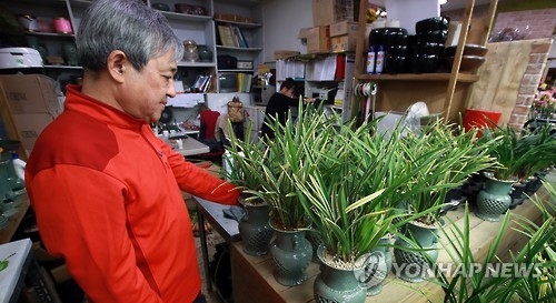 An owner of a plant store in southern Seoul looks over orchids on Oct. 12, 2016. His shop's sales have nosedived due to the anti-graft law that went into force late last month. (Yonhap)