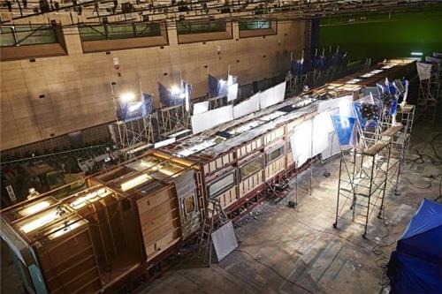 This photo provided by Next Entertainment World, the local distributor of the Korean film "Train to Busan," shows the KTX bullet train set installed at Busan Cinema Studios in Busan. (Yonhap)