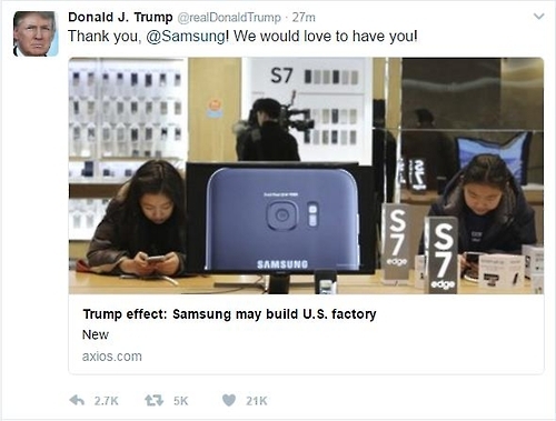 (2nd LD) Trump says 'Thank you, Samsung' for considering building factory in U.S.