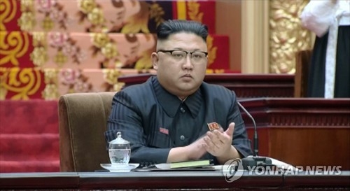 This image captured from footage of North Korea's state-run TV broadcaster on April 11, 2017, shows North Korean leader Kim Jong-un attending the fifth session of the 13th Supreme People's Assembly. (For Use Only in the Republic of Korea. No Redistribution) (Yonhap)