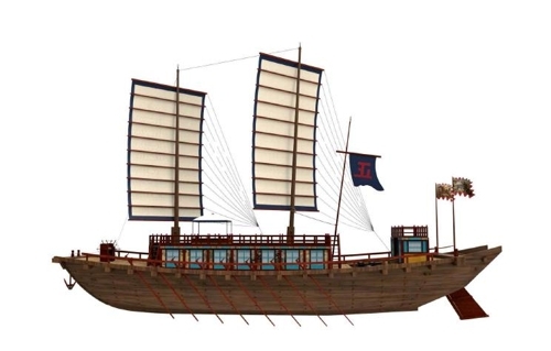 This three-dimensional image, released by the National Research Institute of Maritime Cultural Heritage on June 22, 2017, shows the "Joseon Tongsinsa" ship that it will reconstruct by September 2018. (Yonhap)