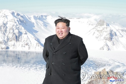 This photo, unveiled by North Korea's state-run news agency on Dec. 9, 2017, shows North Korean leader Kim Jong-un at Mount Paektu, the highest peak on the Korean Peninsula. (For Use Only in the Republic of Korea. No Redistribution) (Yonhap)