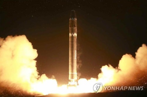 This photo, carried by North Korea's main newspaper Rodong Sinmun on Nov. 30, 2017, shows the launch of a Hwasong-15 intercontinental ballistic missile a day earlier. (For Use Only in the Republic of Korea. No Redistribution) (Yonhapweeee) 