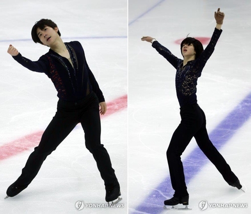 These file photos taken Dec. 3, 2017, show Lee June-hyoung (L) and Cha Jun-hwan performing their free skate programs at the second leg of the South Korean Olympic figure skating qualifiers at Mokdong Ice Rink in Seoul. (Yonhap)