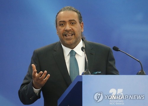 In this EPA file photo taken Oct. 21, 2016, Sheikh Ahmad Al Fahad Al Sabah, head of the Olympic Council of Asia, speaks at the 45th General Assembly of the European Olympic Committees in Minsk, Belarus. (Yonhap)