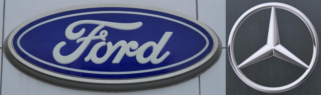 This composite file photo shows the corporate logos of Ford (L) and Daimler's three-pointed star used on its Mercedes-Benz badged trucks (Yonhap)