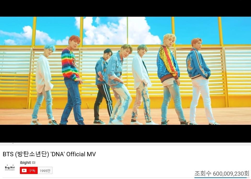 This image marking the hitting of 600 million YouTube views by BTS' "DNA" is provided by Big Hit Entertainment. (Yonhap)