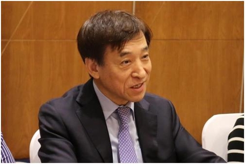 This photo provided by South Korea's central bank shows Bank of Korea Gov. Lee Ju-yeol speaking in a meeting with reporters in Nadi, Fiji, on May 1, 2019.