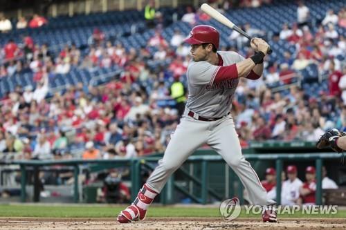 In this Getty Images file photo from Aug. 2, 2018, Preston Tucker of the Cincinnati Reds is at the plate against the Washington Nationals during the top of the second inning of a Major League Baseball regular season game at Nationals Park in Washington. (Yonhap)