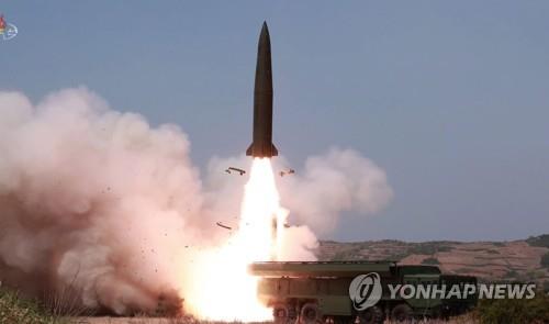 In this image, captured from the Korean Central TV Broadcasting Station, on May 5, 2019, a weapon of similar appearance to Russia's tactical ballistic missile, the Iskander, is fired the previous day. (For Use Only in the Republic of Korea. No Redistribution) (Yonhap)