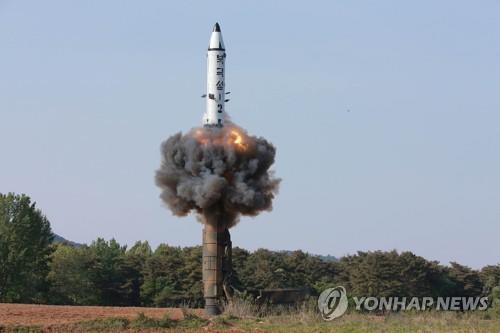 This file photo, released by the Korean Central News Agency in May 2019, shows North Korea's test fire of the Pukguksong-2 (KN-15) ballistic missile. South Korea's military said on Oct. 2 that Pyongyang fired what was believed to be a Pukguksong-type, submarine-launched ballistic missile (SLBM) from waters off its east coast earlier in the day. (For Use Only in the Republic of Korea. No Redistribution) (Yonhap)