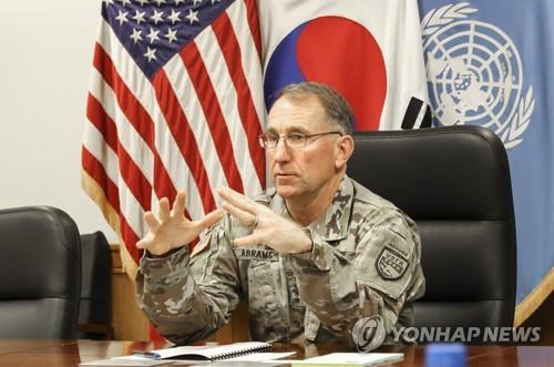 U.S. Forces Korea (USFK) Commander Gen. Robert Abrams speaks during a press interview on Sept. 13, 2019, in this photo provided by his office. (PHOTO NOT FOR SALE) (Yonhap)