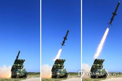 These photos published by the North's daily Rodong Sinmun on June 9, 2017, show the launch of the country's new surface-to-ship cruise missile. The report said leader Kim Jong-un observed the missile launch, which South Korea detected a day earlier. (For Use Only in the Republic of Korea. No Redistribution) (Yonhap)