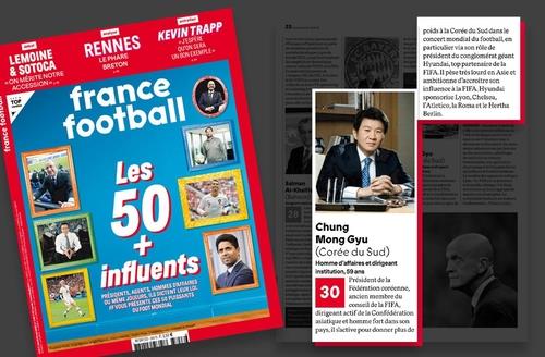This image, provided by the Korea Football Association (KFA) on May 19, 2020, shows the cover of the France Football magazine unveiling the 50 most influential people in football, along with a blurb on KFA President Chung Mong-gyu, who ranked 30th. (PHOTO NOT FOR SALE) (Yonhap)