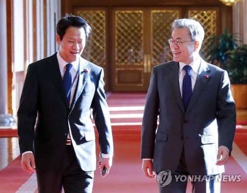 This file photo shows President Moon Jae-in (R) and former chief of staff Im Jong-seok at Cheong Wa Dae on Jan. 8. 2019. (Yonhap)