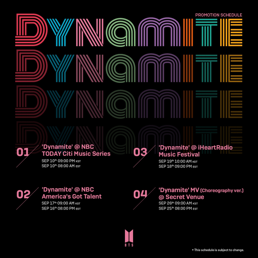 This image, provided by Big Hit Entertainment on Sept. 2, 2020, shows the upcoming promotional schedule of K-pop group BTS in the United States for its single "Dynamite" (PHOTO NOT FOR SALE) (Yonhap)