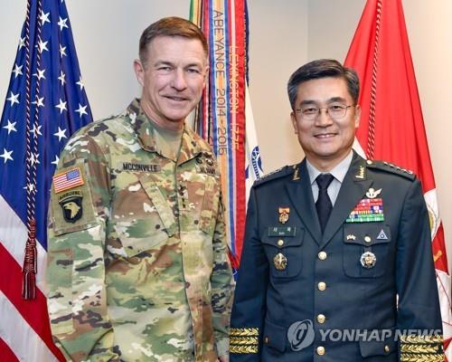 This photo, provided by the South Korean Army and taken on Jan. 13, 2020, shows then Army Chief of Staff Gen. Suh Wook (R) and his U.S. counterpart, Gen. James McConville, posing for a photo after a meeting in Washington. Suh took office as South Korea's defense minister in September 2020. (PHOTO NOT FOR SALE) (Yonhap) 