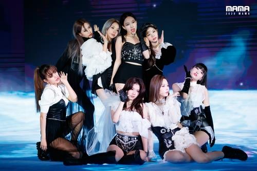 In this photo, provided by CJ ENM, K-pop girl group TWICE performs at the Mnet Asian Music Awards (MAMA) in Seoul on Dec. 6, 2020. (PHOTO NOT FOR SALE) (Yonhap)