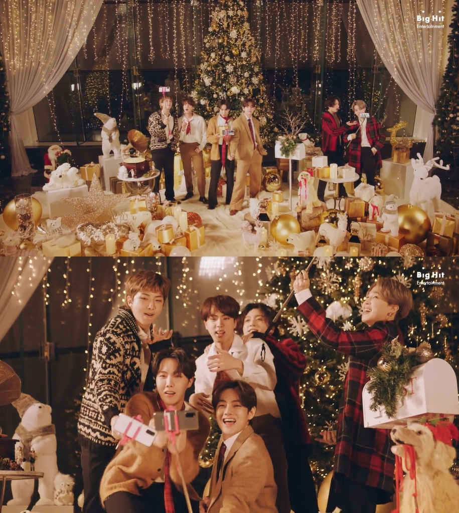 These photos, provided by Big Hit Entertainment, show BTS singing in the music video for the holiday remix version of its hit song "Dynamite." (PHOTO NOT FOR SALE) (Yonhap)