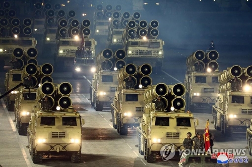 This photo released by North Korea's Korean Central News Agency shows rocket launcher vehicles during a military parade held at Kim Il-sung Square in Pyongyang on Oct. 10, 2020, to mark the 75th founding anniversary of the Workers' Party. (For Use Only in the Republic of Korea. No Redistribution) (Yonhap)