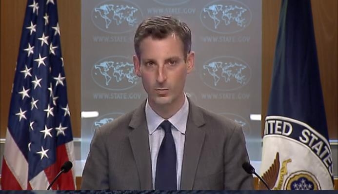 The captured image from the website of the U.S. State Department shows department spokesman Ned Price answering questions in a daily press briefing at the State Department in Washington on March 8, 2021. (Yonhap)