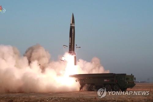 A new type of tactical guided missile is launched from the North Korean town of Hamju, South Hamgyong Province, on March 25, 2021, in this file photo released by the North's official Korean Central News Agency. South Korea's military said the previous day that the North fired what appeared to be two short-range ballistic missiles into the East Sea. (For Use Only in the Republic of Korea. No Redistribution) (Yonhap)