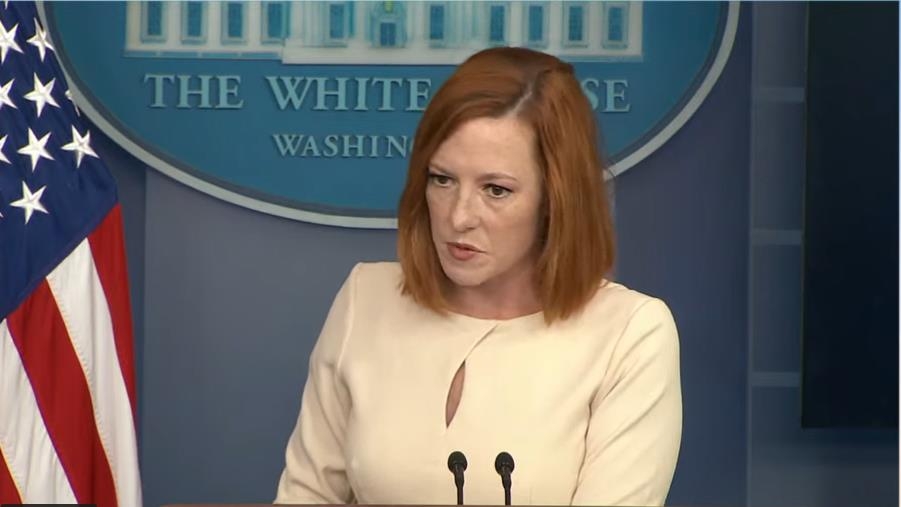 White House press secretary Jen Psaki seen answering questions during a press briefing at the White House in Washington on Oct. 4, 2021 in this image captured from the website of the White House. (Yonhap)
