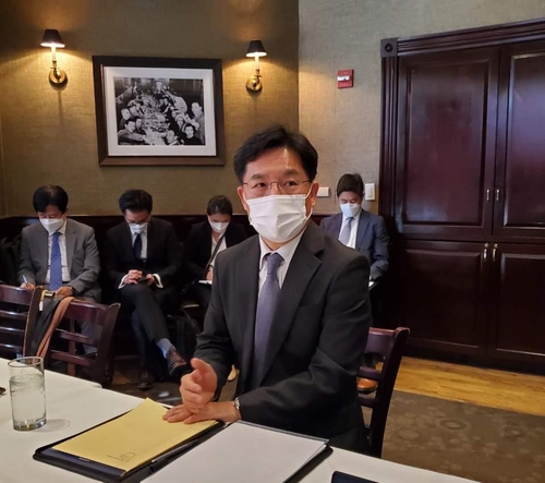 South Korea's top nuclear envoy Noh Kyu-duk speaks at a press conference after his bilateral and trilateral meetings with his American and Japanese counterparts in Washington on Oct. 19, 2021. (Yonhap)