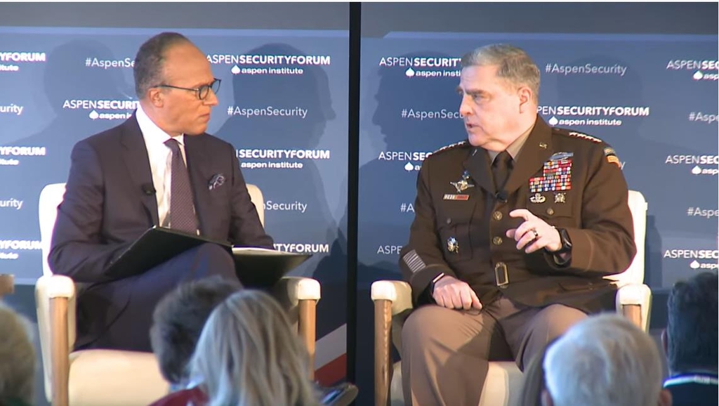 Gen. Mark Milley (R), chairman of the U.S. Joint Chiefs of Staff, is seen speaking in a security forum hosted by the Aspen Institute in Washington on Nov. 3, 2021, in this image captured from the YouTube channel of the Washington-based think tank. (PHOTO NOT FOR SALE) (Yonhap)