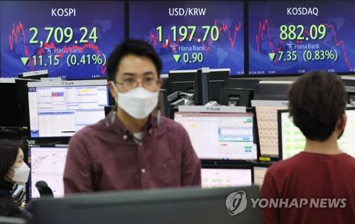 Electronic signboards at a Hana Bank dealing room in Seoul show the benchmark Korea Composite Stock Price Index (KOSPI) closed at 2,709.24 points on Jan. 26, 2022, down 11.15 points or 0.41 percent from the previous session's close. (Yonhap) 