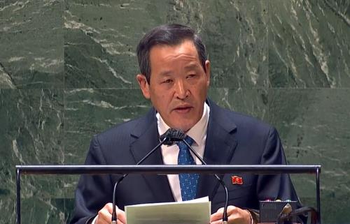 North Korean Ambassador to the United Nations Kim Song speaks at an emergency session of the U.N. General Assembly in New York on March 1, 2022, in this photo captured from the U.N. Web TV. (PHOTO NOT FOR SALE) (Yonhap)