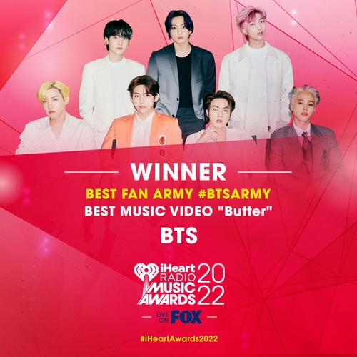 This photo provided by iHeartRadio shows South Korean group BTS announced as the winner of two awards in this year's iHeartRadio Music Awards held in Los Angeles on March 22, 2022. (PHOTO NOT FOR SALE) (Yonhap)