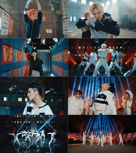 This composite photo provided by KQ Entertainment shows scenes from the music video for Ateez's "Rocky." (PHOTO NOT FOR SALE) (Yonhap) 